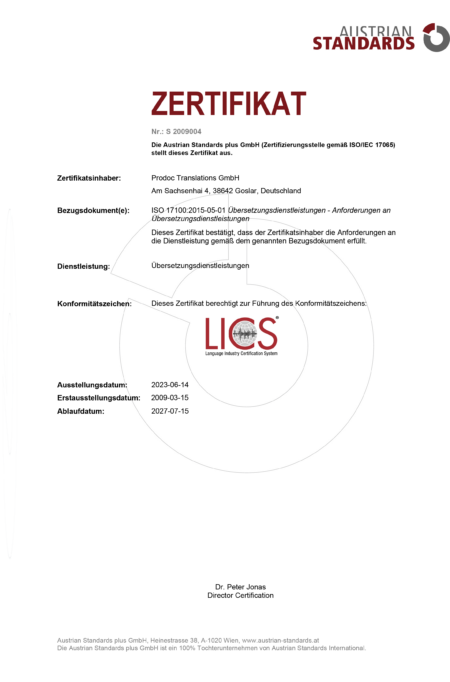 ISO 17100-Zertifikat PRODOC