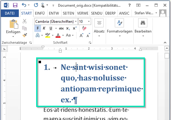 Microsoft Word Überschrift-1 zugewiesen und geändert