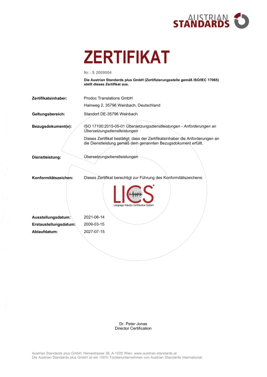 ISO 17100 Zertifikat von PRODOC Translations