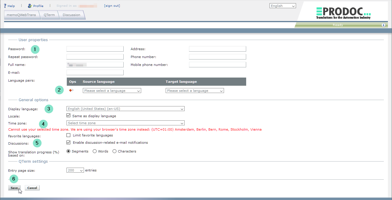 memoQWeb - Editing profile settings